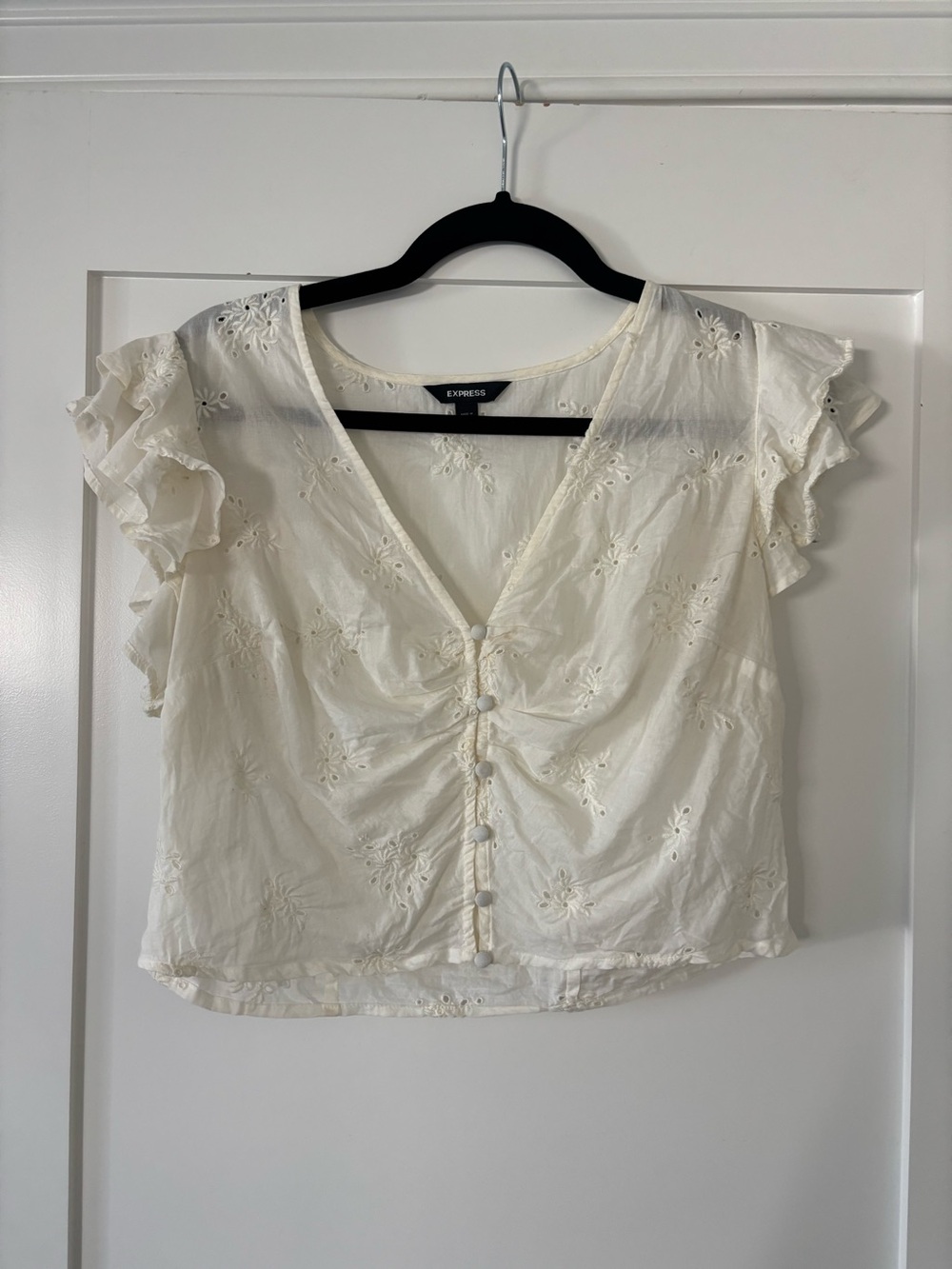 Express White Ruched Lace Trim Blouse Size Medium
